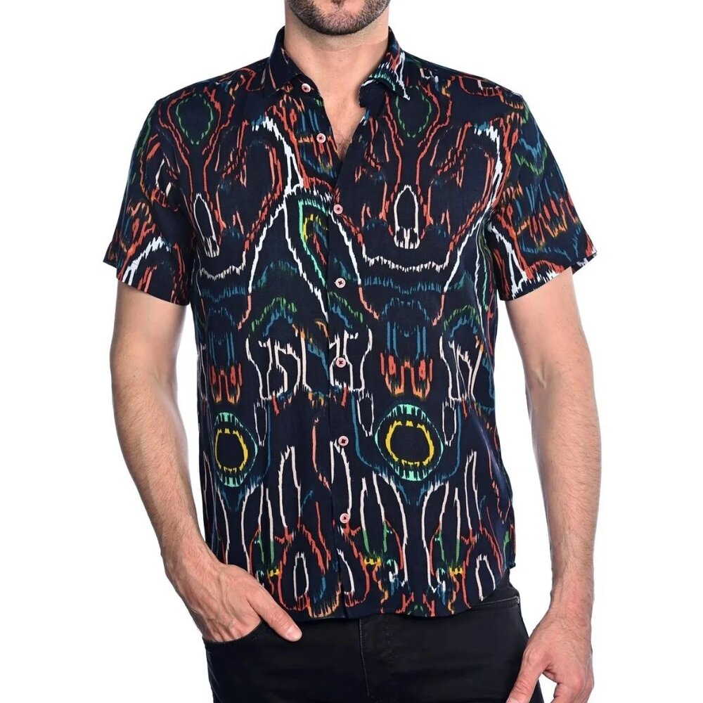 Mizumi Navy Multi Abstract Print Short Sleeve Button Up Shirt